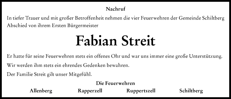 Traueranzeige von Fabian Streit von Aichacher Nachrichten