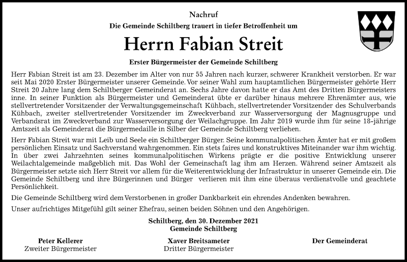  Traueranzeige für Fabian Streit vom 30.12.2021 aus Friedberger Allgemeine, Aichacher Nachrichten