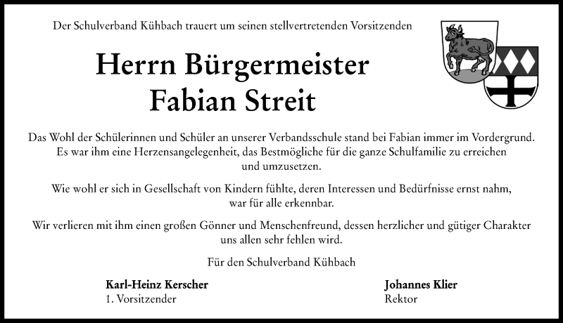 Traueranzeige von Fabian Streit von Aichacher Nachrichten