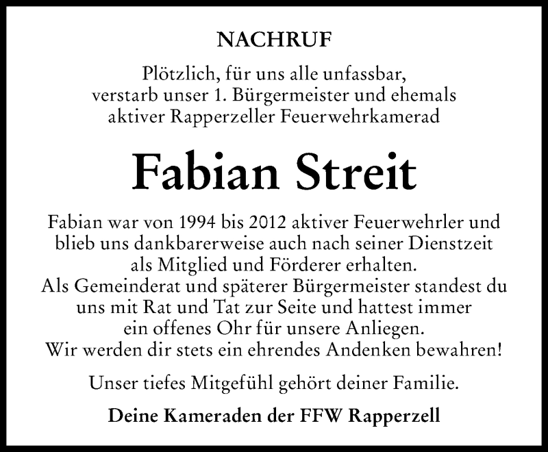 Traueranzeige von Fabian Streit von Aichacher Nachrichten