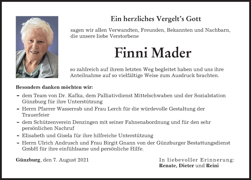 Traueranzeige von Finni Mader von Günzburger Zeitung