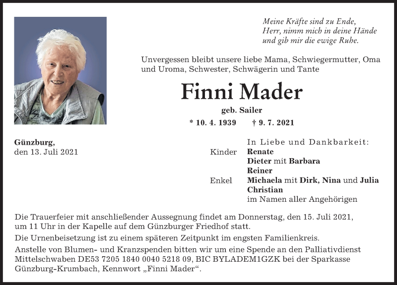 Traueranzeige von Finni Mader von Günzburger Zeitung