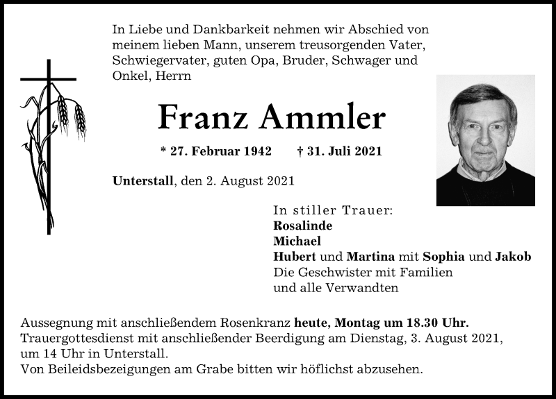 Traueranzeige von Franz Ammler von Neuburger Rundschau