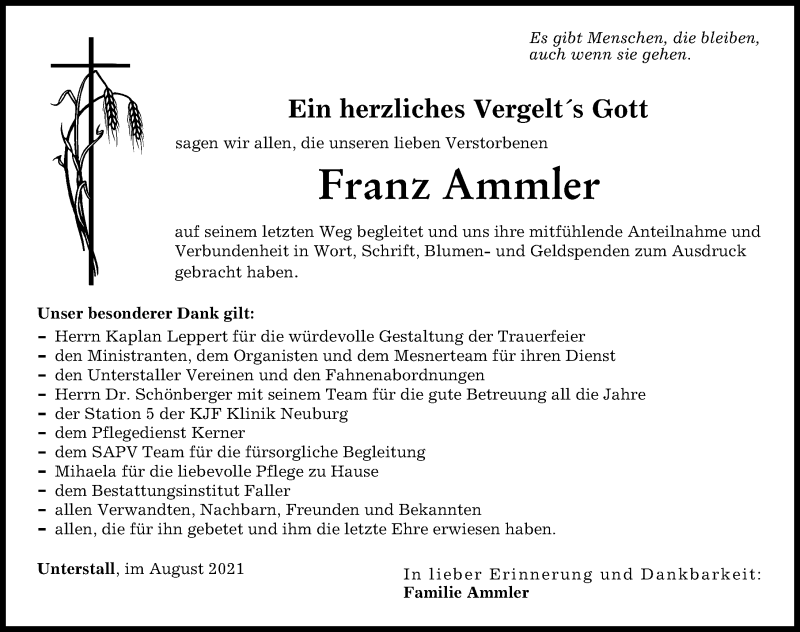 Traueranzeige von Franz Ammler von Neuburger Rundschau