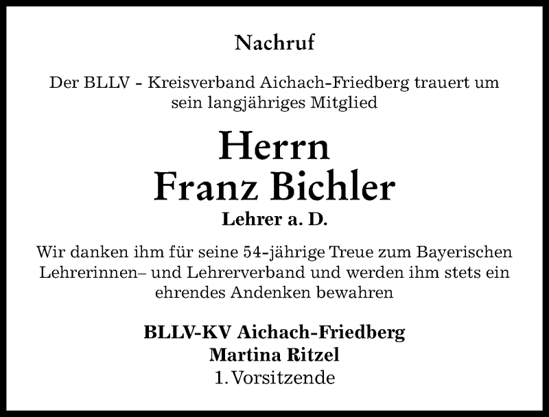 Traueranzeige von Franz Bichler von Aichacher Nachrichten