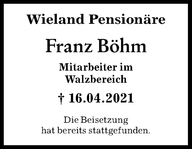 Traueranzeige von Franz Böhm von Illertisser Zeitung, Neu-Ulmer Zeitung