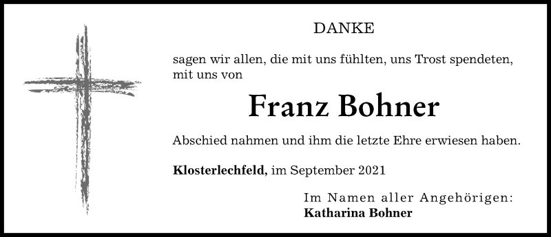 Traueranzeige von Franz Bohner von Schwabmünchner Allgemeine