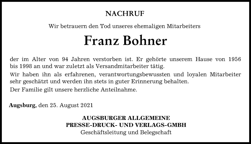 Traueranzeige von Franz Bohner von Augsburger Allgemeine