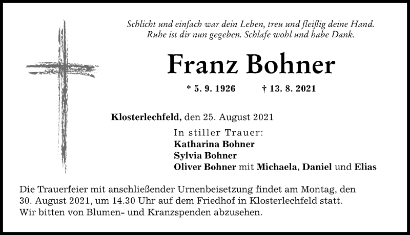 Traueranzeige von Franz Bohner von Schwabmünchner Allgemeine