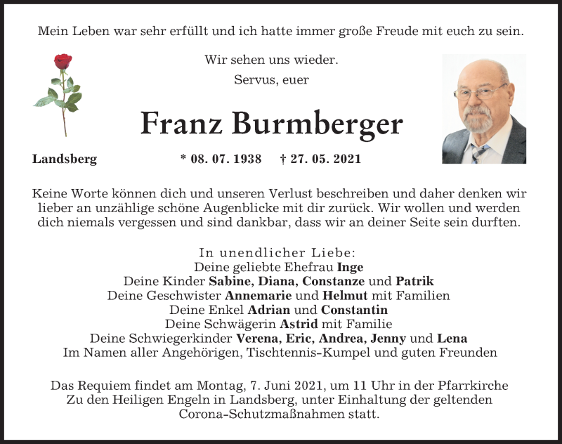  Traueranzeige für Franz Burmberger vom 02.06.2021 aus Landsberger Tagblatt