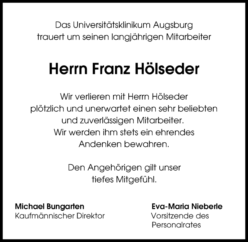 Traueranzeige von Franz Hölseder von Augsburger Allgemeine