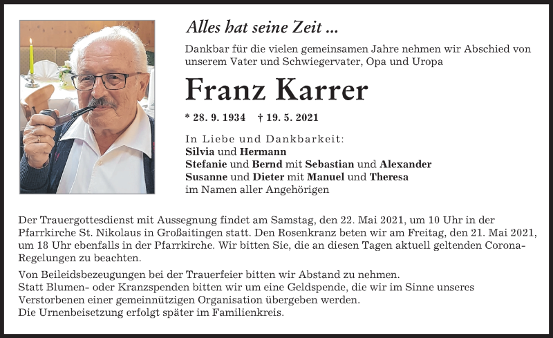 Traueranzeige von Franz Karrer von Schwabmünchner Allgemeine