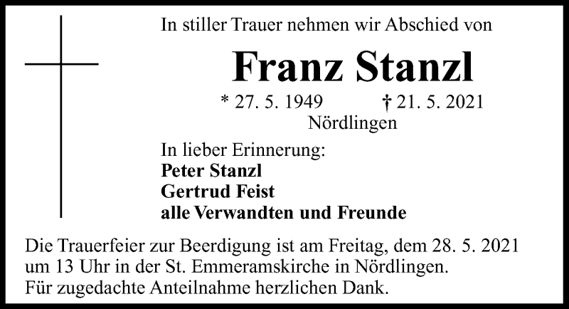 Traueranzeige von Franz Stanzl von Rieser Nachrichten