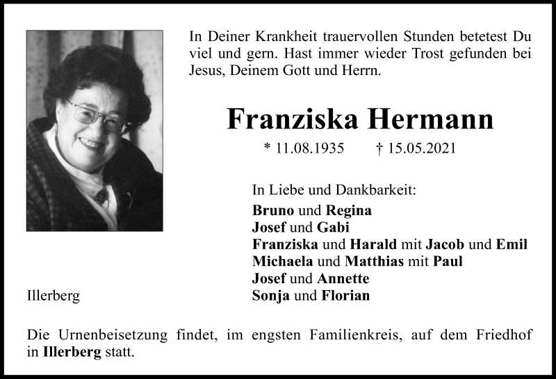 Traueranzeige von Franziska Hermann von Illertisser Zeitung