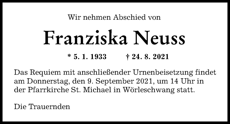 Traueranzeige von Franziska Neuss von Augsburger Allgemeine