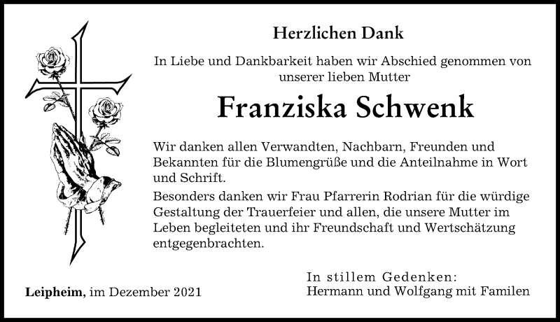 Traueranzeige von Franziska Schwenk von Günzburger Zeitung