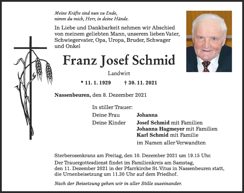 Traueranzeigen von Franz Josef Schmid | Augsburger Allgemeine Zeitung