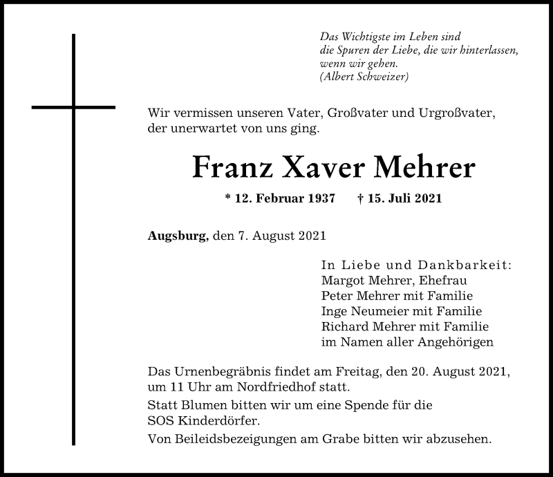 Traueranzeige von Franz Xaver Mehrer von Augsburger Allgemeine