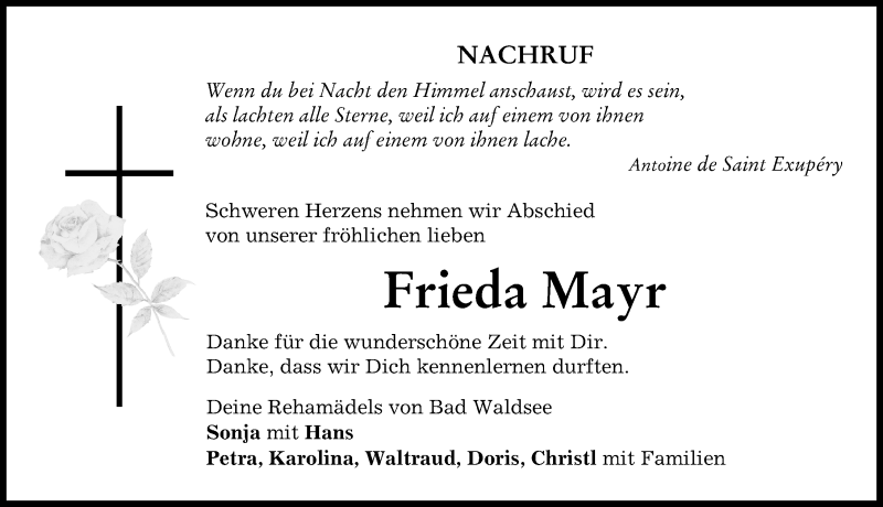 Traueranzeigen Von Frieda Mayr Augsburger Allgemeine Zeitung