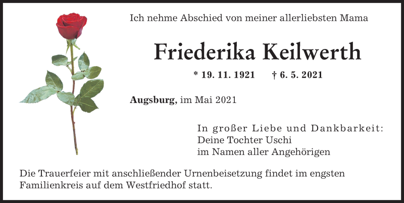 Traueranzeige von Friederika Keilwerth von Augsburger Allgemeine