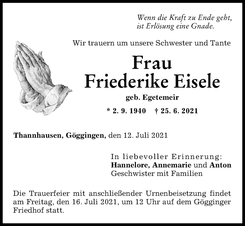 Traueranzeige von Friederike Eisele von Augsburger Allgemeine