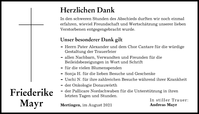 Traueranzeigen Von Friederike Mayr Augsburger Allgemeine Zeitung