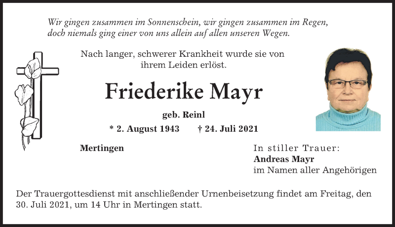 Traueranzeigen Von Friederike Mayr Augsburger Allgemeine Zeitung