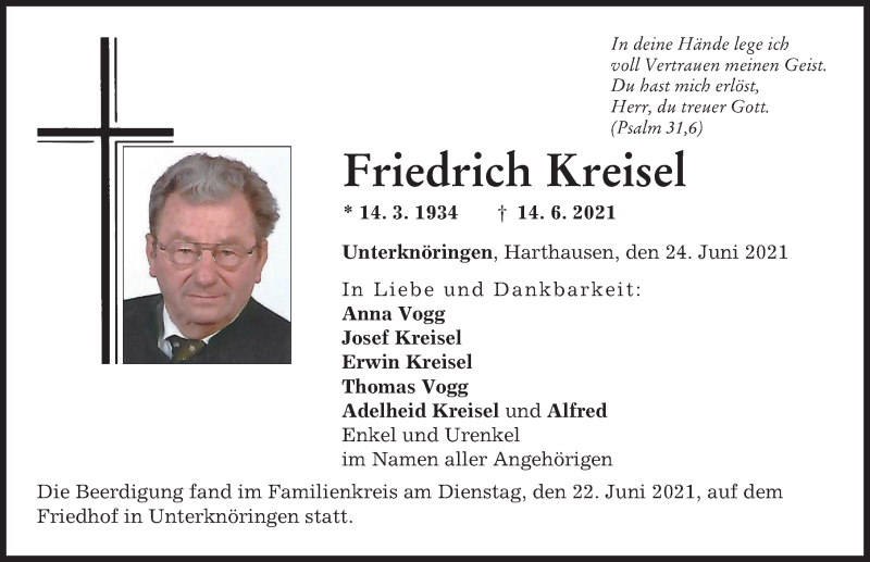 Traueranzeige von Friedrich Kreisel von Günzburger Zeitung