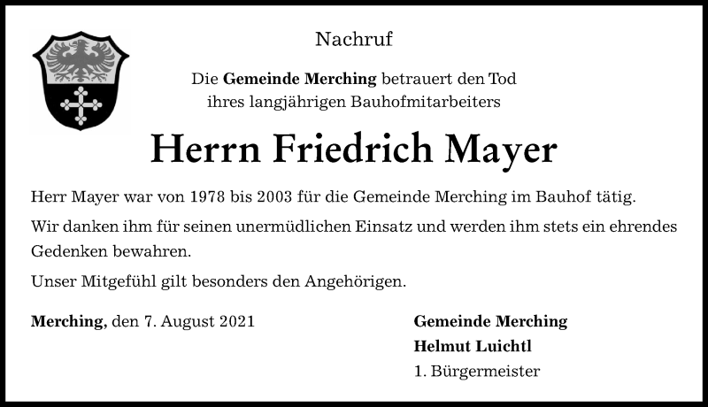 Traueranzeige von Friedrich Mayer von Friedberger Allgemeine