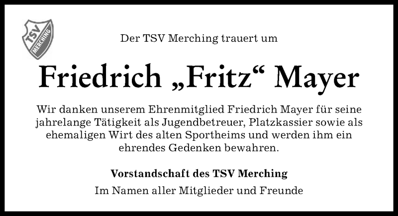 Traueranzeige von Friedrich Mayer von Friedberger Allgemeine