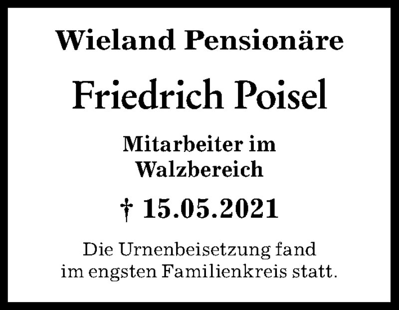 Traueranzeige von Friedrich Poisel von Illertisser Zeitung, Neu-Ulmer Zeitung