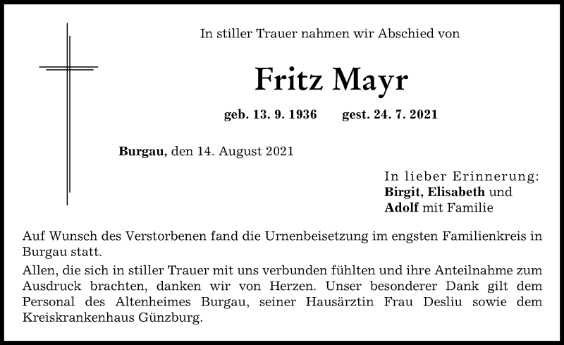 Traueranzeige von Fritz Mayr von Günzburger Zeitung