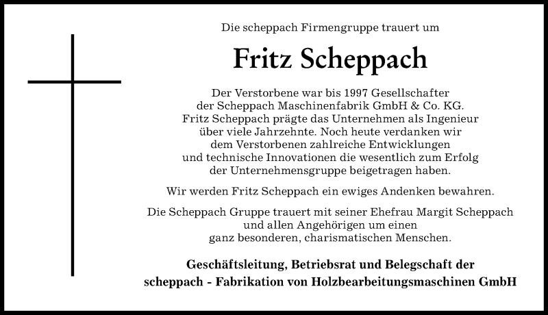 Traueranzeige von Fritz Scheppach von Mittelschwäbische Nachrichten, Günzburger Zeitung