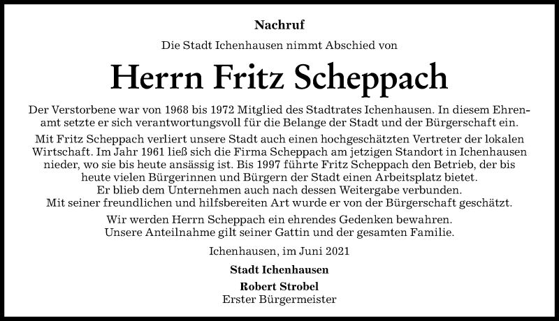 Traueranzeige von Fritz Scheppach von Günzburger Zeitung