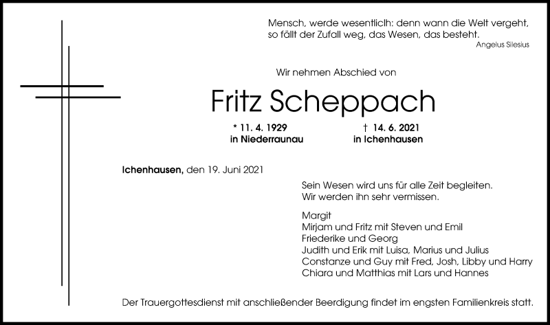 Traueranzeige von Fritz Scheppach von Günzburger Zeitung