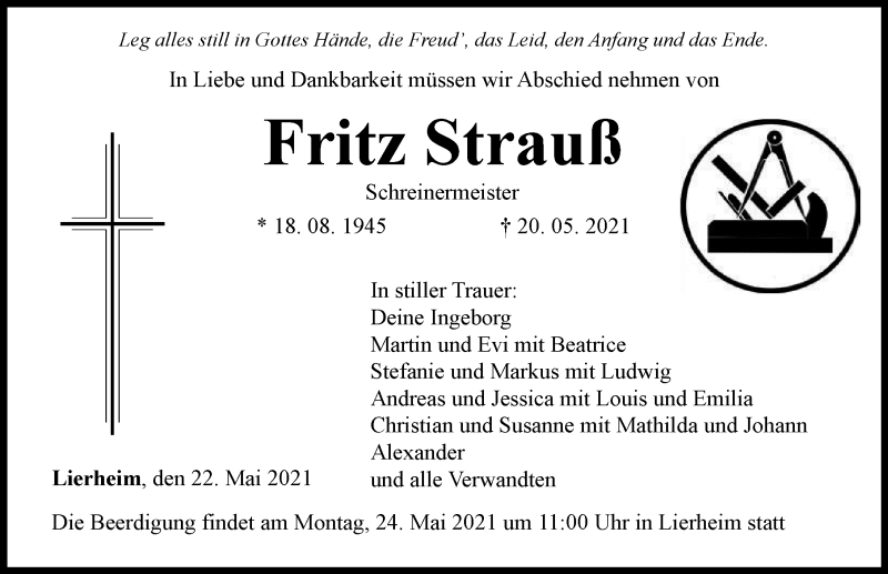 Traueranzeige von Fritz Strauß von Rieser Nachrichten