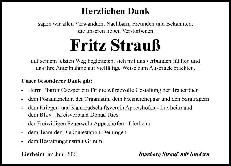 Traueranzeige von Fritz Strauß von Rieser Nachrichten