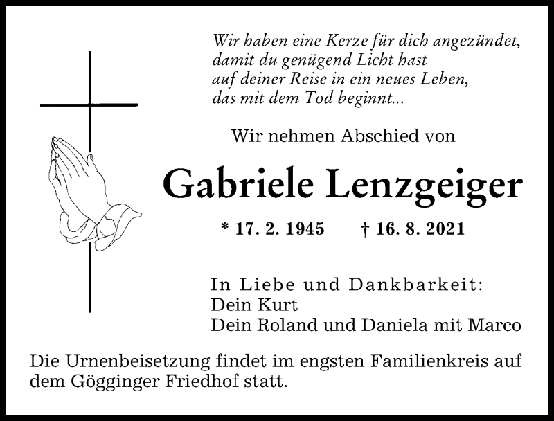 Traueranzeige von Gabriele Lenzgeiger von Augsburger Allgemeine