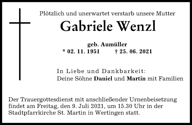 Traueranzeige von Gabriele Wenzl von Wertinger Zeitung