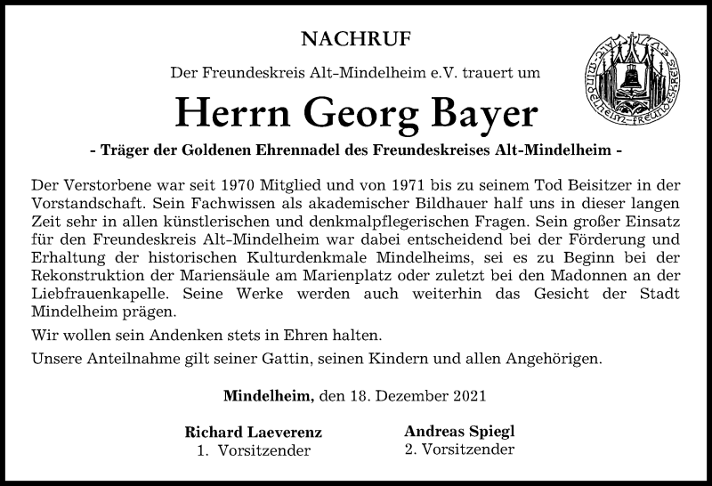 Traueranzeige von Georg Bayer von Mindelheimer Zeitung