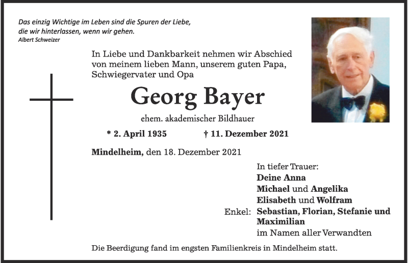 Traueranzeige von Georg Bayer von Mindelheimer Zeitung