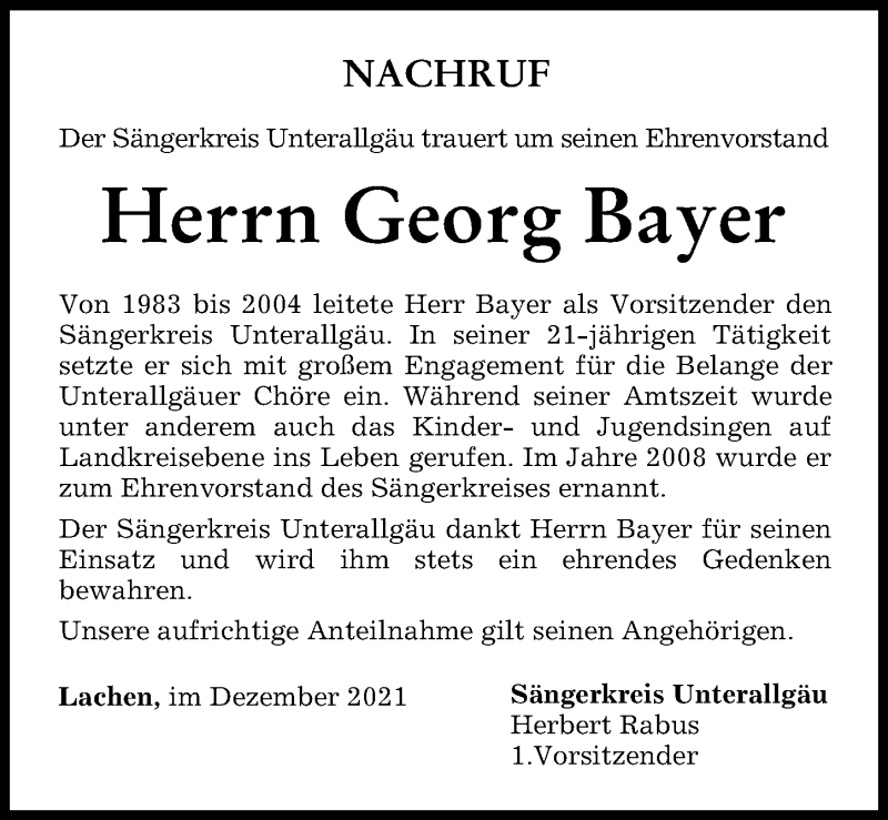 Traueranzeige von Georg Bayer von Mindelheimer Zeitung