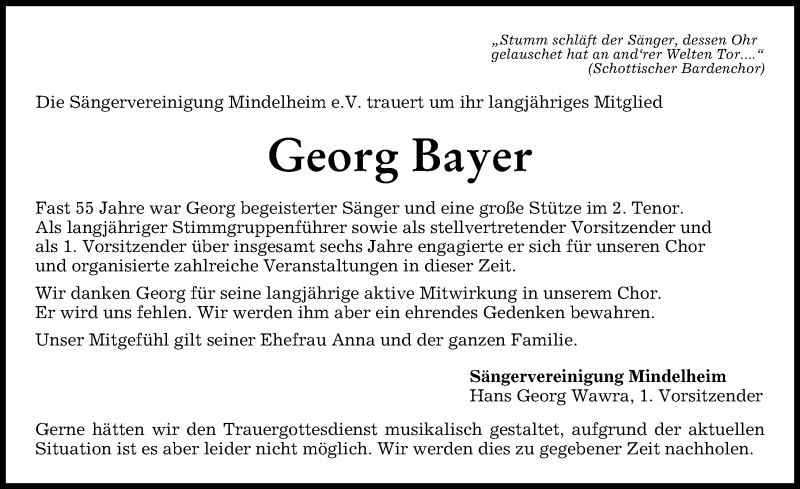 Traueranzeige von Georg Bayer von Mindelheimer Zeitung