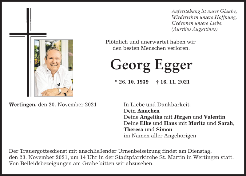  Traueranzeige für Georg Egger vom 20.11.2021 aus Wertinger Zeitung
