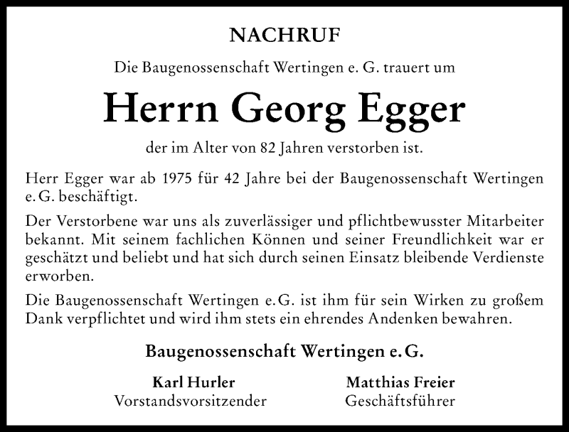 Traueranzeige für Georg Egger vom 20.11.2021 aus Wertinger Zeitung, Donau Zeitung