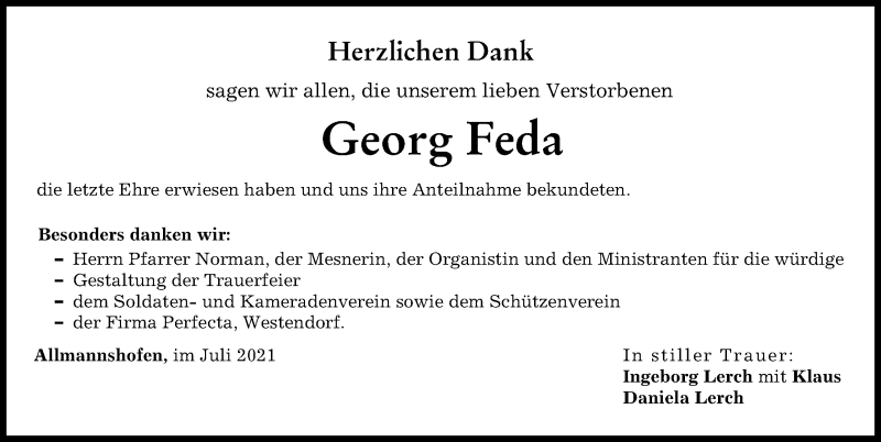  Traueranzeige für Georg Feda vom 12.07.2021 aus Augsburg-Land