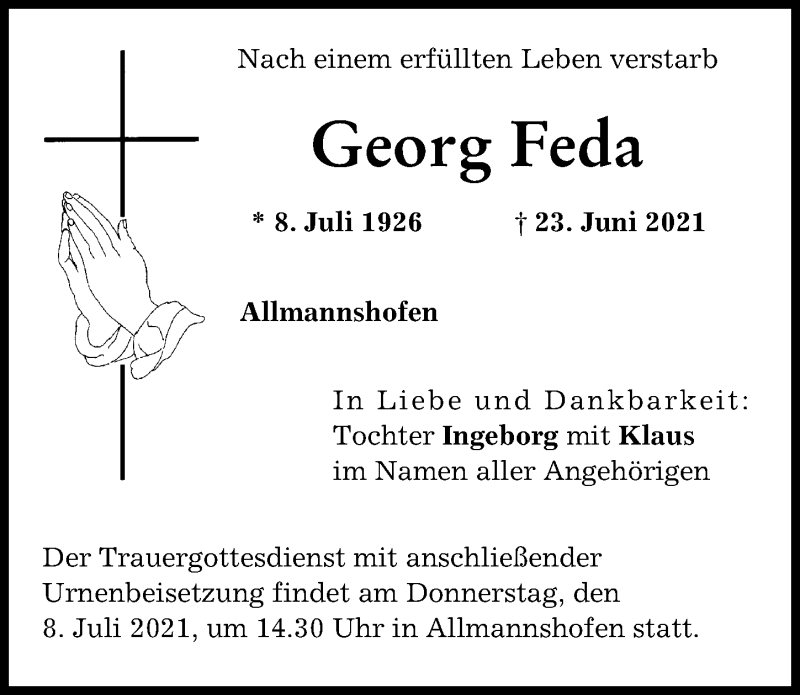  Traueranzeige für Georg Feda vom 05.07.2021 aus Augsburg-Land
