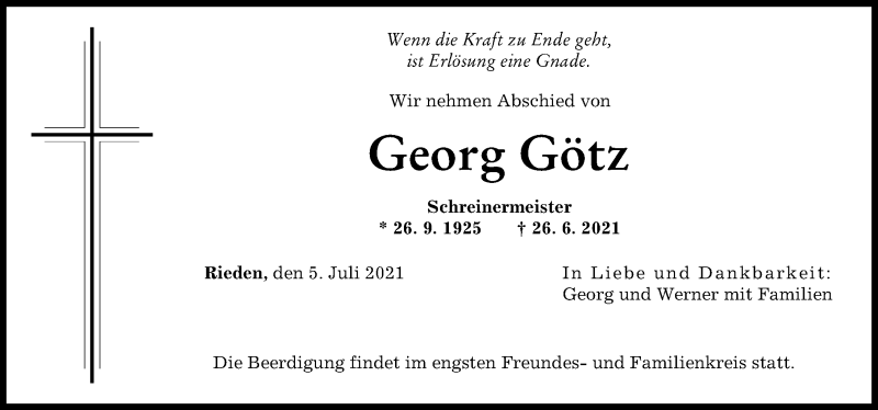 Traueranzeige von Georg Götz von Günzburger Zeitung
