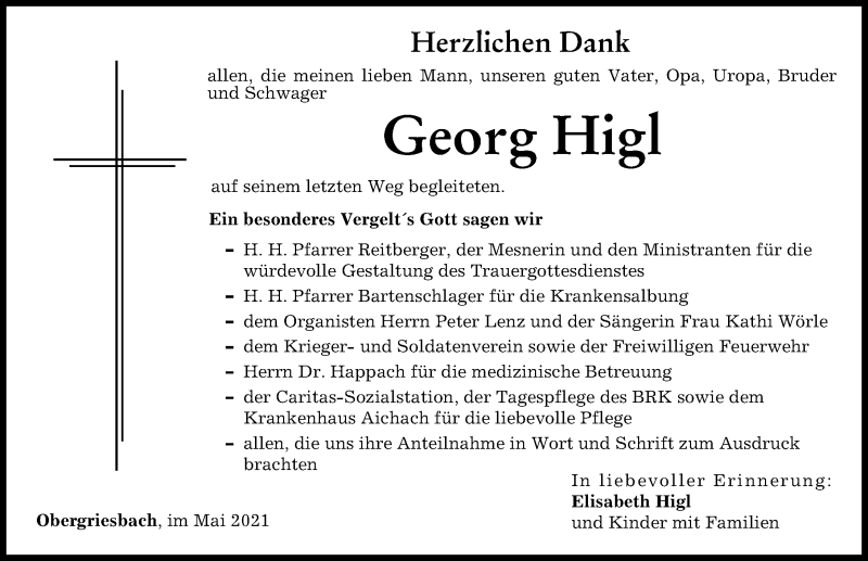 Traueranzeige von Georg Higl von Aichacher Nachrichten