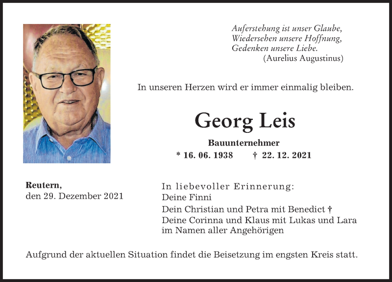 Traueranzeige von Georg Leis von Augsburger Allgemeine